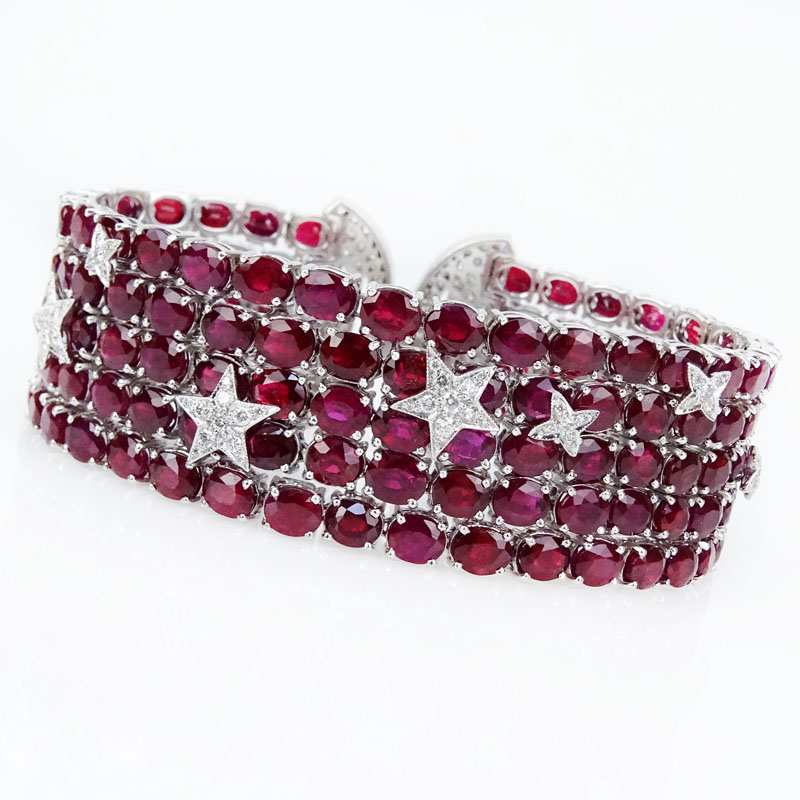 72.63 Carat Oval Cut Burma Ruby, 3.41 Carat Pave Set Round Brilliant Cut Diamond and 18 Karat White Gold Bracelet