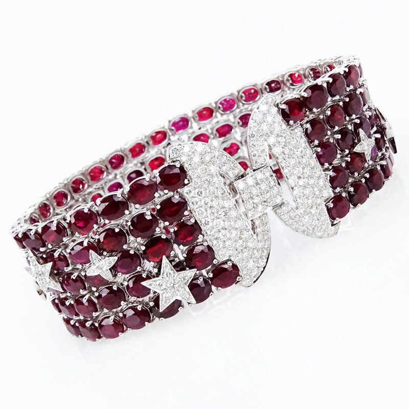 72.63 Carat Oval Cut Burma Ruby, 3.41 Carat Pave Set Round Brilliant Cut Diamond and 18 Karat White Gold Bracelet