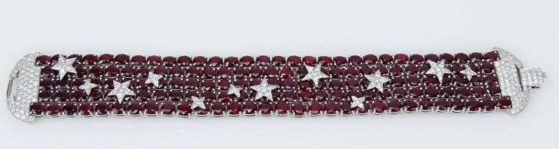 72.63 Carat Oval Cut Burma Ruby, 3.41 Carat Pave Set Round Brilliant Cut Diamond and 18 Karat White Gold Bracelet