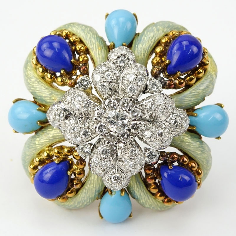 Circa 1960s Large Approx. 4.40 Carat Diamond, Turquoise, Enamel, Lapis and 18 Karat Yellow Gold Brooch