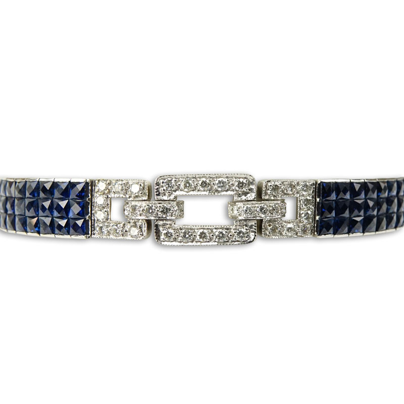 Art Deco Diamond, Invisible Set Sapphire and 18 Karat White Gold Bracelet