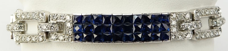 Art Deco Diamond, Invisible Set Sapphire and 18 Karat White Gold Bracelet