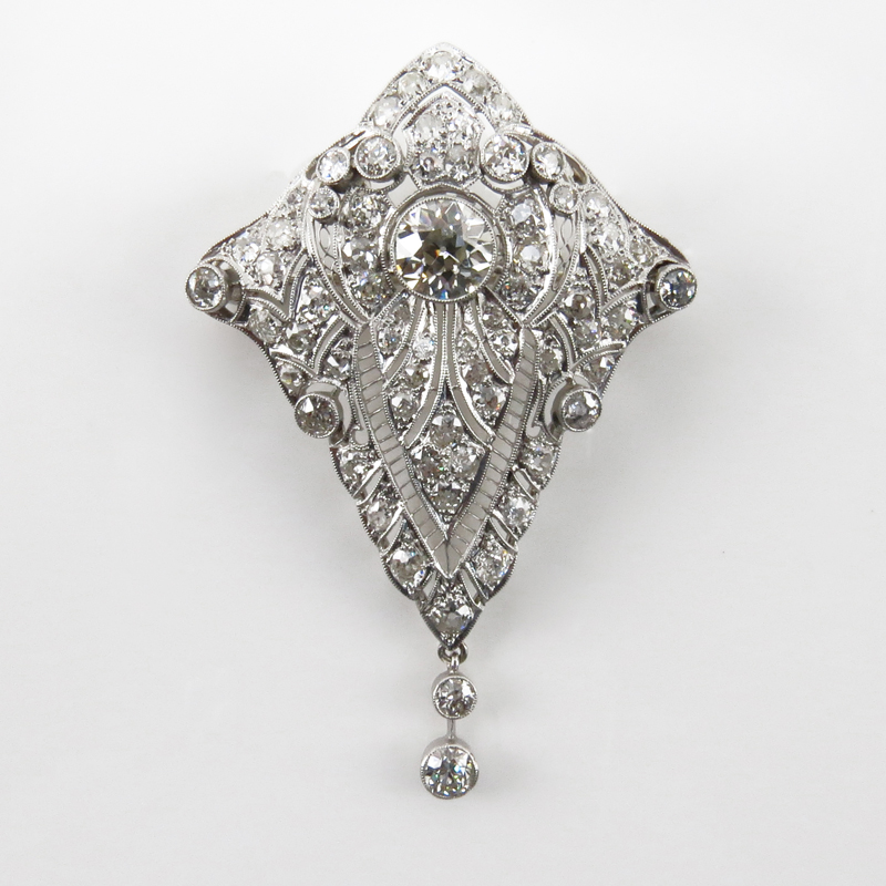 Belle Epoque Approx. 7.0 Carat TW European Cut Diamond and Platinum Lavalier Pendant set in the center with a 1.65 Carat European Cut Diamond.