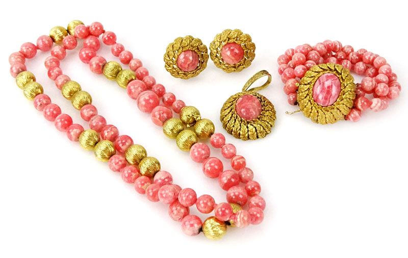 Circa 1970s Rhodocrosite Bead and 14 Karat Yellow Gold Suite Including Necklace, Detachable Pendant, Bracelet and Earrings