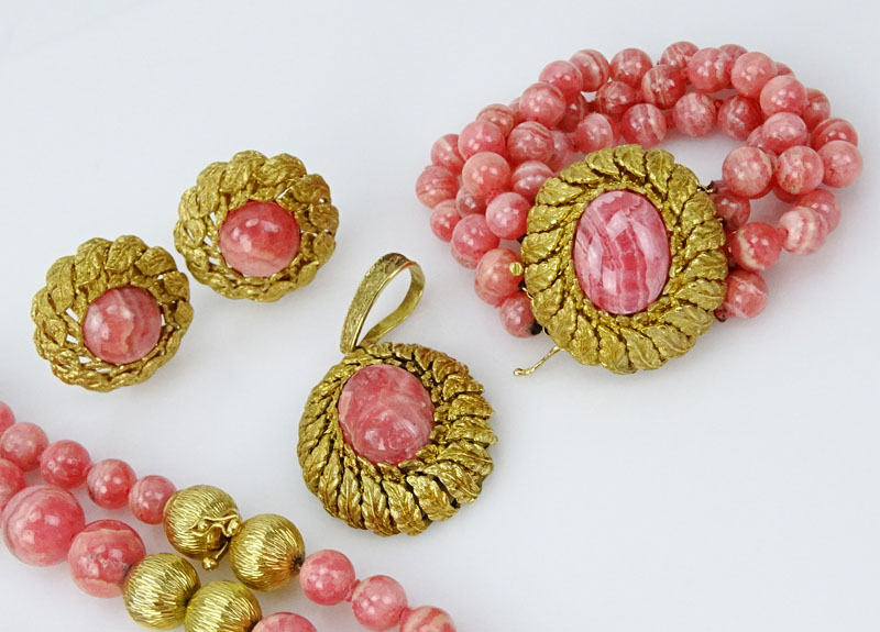 Circa 1970s Rhodocrosite Bead and 14 Karat Yellow Gold Suite Including Necklace, Detachable Pendant, Bracelet and Earrings