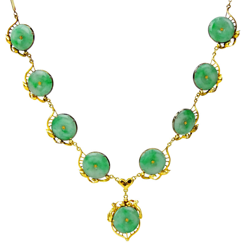 Circa 1950s Jadeite Jade and 18 Karat Yellow Gold Necklace