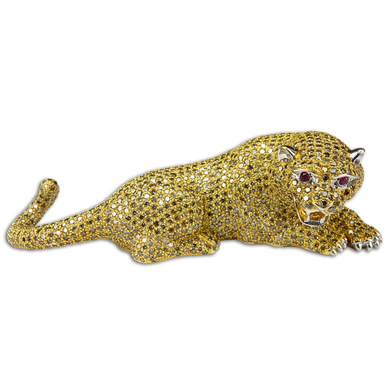38.50 Carat Natural Color Diamond and 18 Karat Yellow Gold Panther Objet D'Art set with Ruby Eyes. Stamped 18K