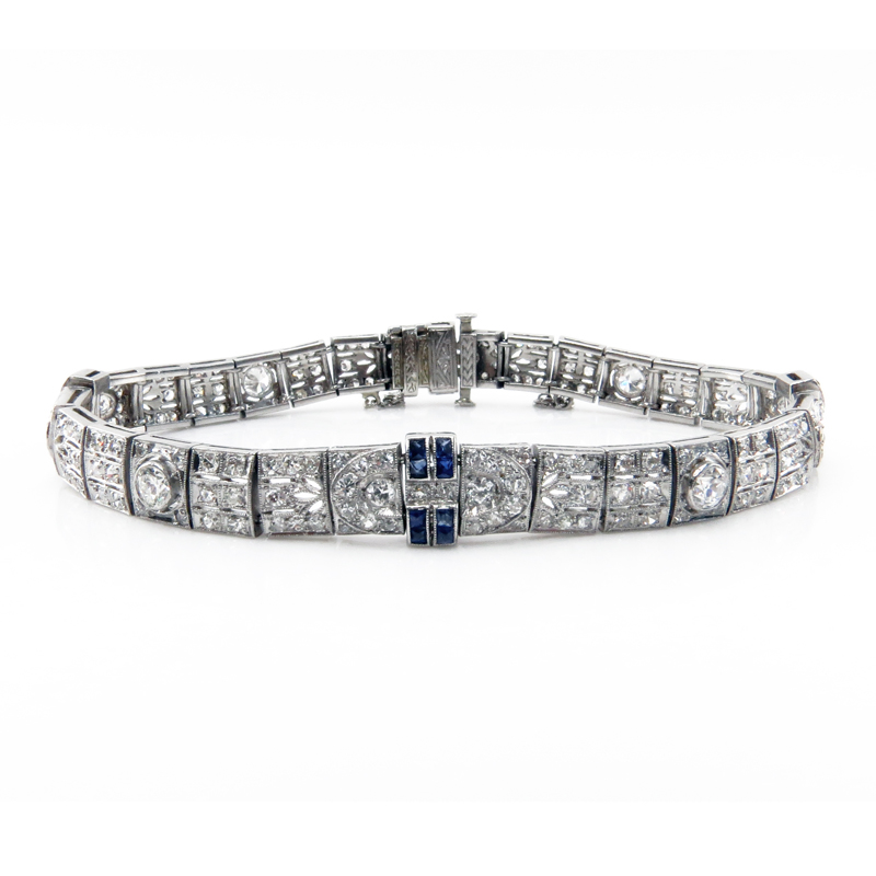 Art Deco Approx. 8.75 Carat Old European Cut Diamond, Caliber Cut Sapphire and Platinum Bracelet.