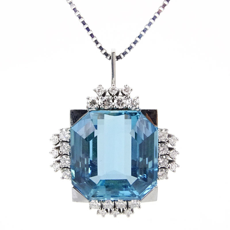 Superb Retro French Approx. 20.0 Carat Octagonal Cut Aquamarine, 2.0 Diamond and Platinum Pendant on Box Link Chain. 