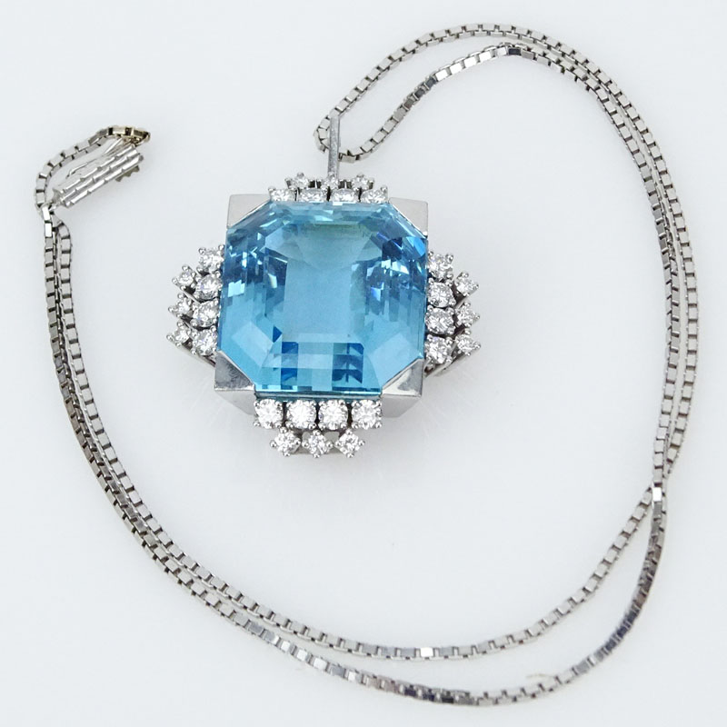 Superb Retro French Approx. 20.0 Carat Octagonal Cut Aquamarine, 2.0 Diamond and Platinum Pendant on Box Link Chain. 