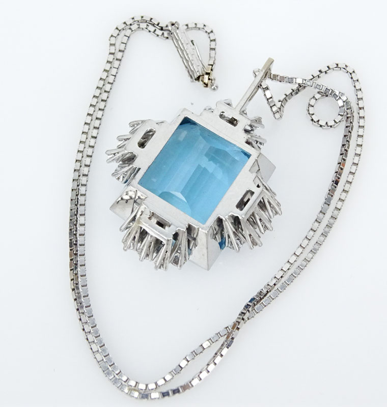 Superb Retro French Approx. 20.0 Carat Octagonal Cut Aquamarine, 2.0 Diamond and Platinum Pendant on Box Link Chain. 