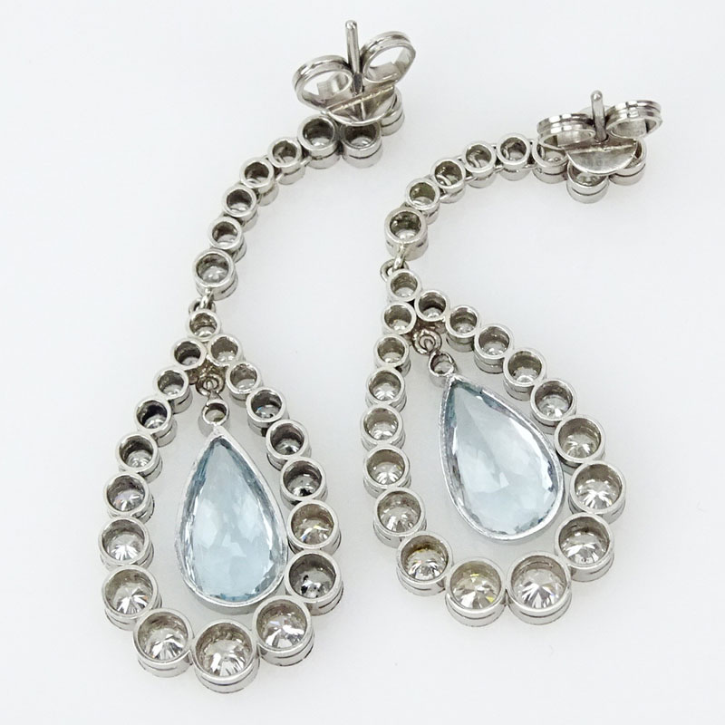 Vintage Diamond, Pear Shape Aquamarine and Platinum Pendant Earrings