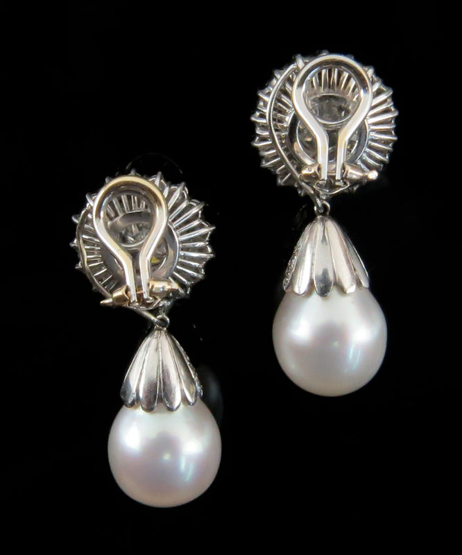 Vintage Pair of Approx. .92 Carat and .88 Carat Round Brilliant Cut Diamond, 11mm Pearl and 14 karat White Gold Earrings