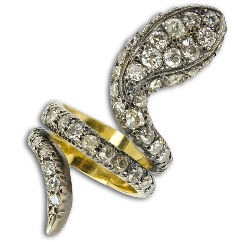 Victorian Approx. 6.75 Carat Old European Cut Diamond, 18 Karat Yellow Gold and Silver Snake Ring. 
