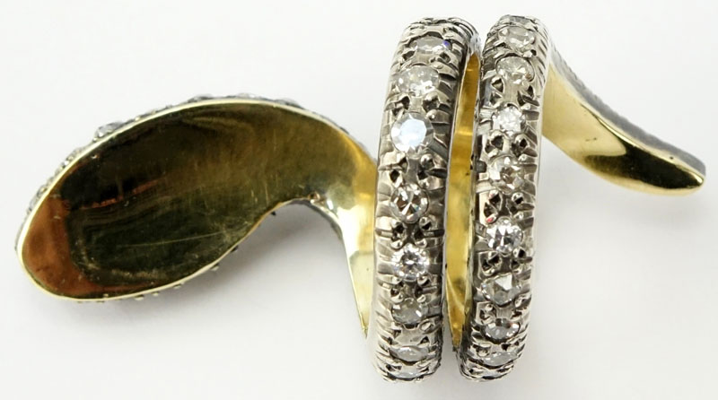 Victorian Approx. 6.75 Carat Old European Cut Diamond, 18 Karat Yellow Gold and Silver Snake Ring. 