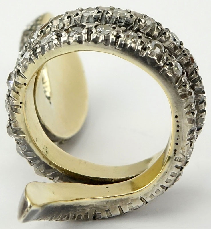 Victorian Approx. 6.75 Carat Old European Cut Diamond, 18 Karat Yellow Gold and Silver Snake Ring. 