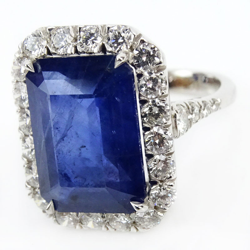 PGS Certified 10.32 Carat Rectangular Shape Sapphire, 1.24 Carat Round Brilliant Cut Diamond and 18 Karat White Gold Ring