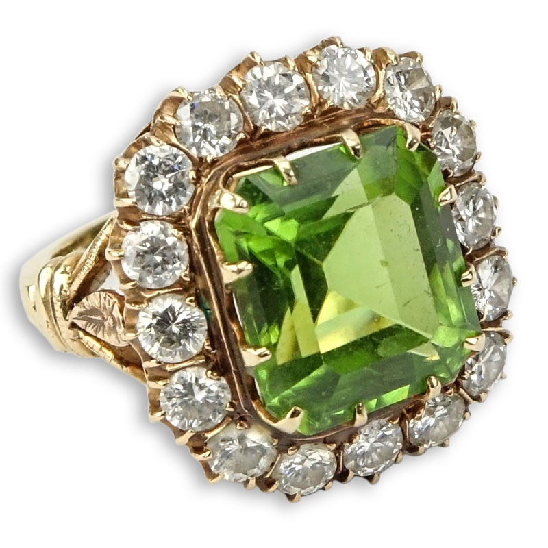 19th Century Victorian Emerald Cut Peridot, Diamond and 14 Karat Yellow Gold Bishop's Ring