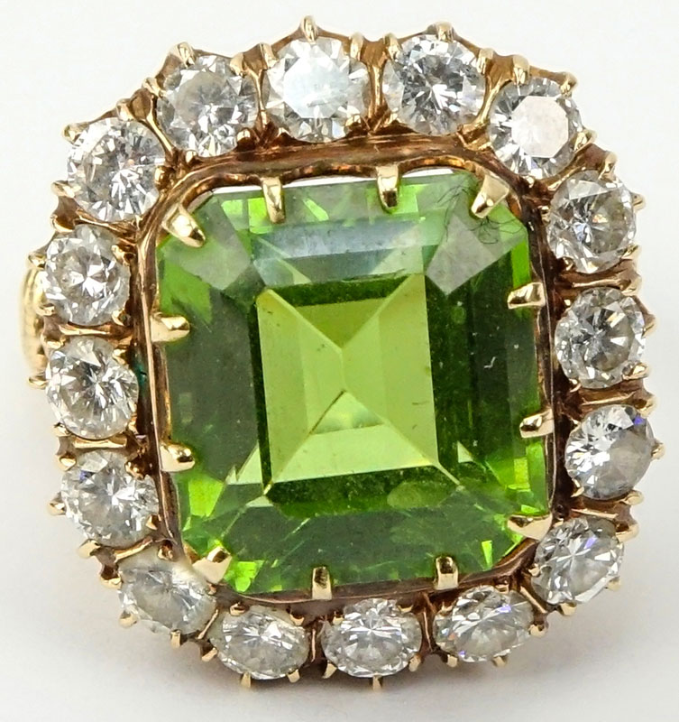 19th Century Victorian Emerald Cut Peridot, Diamond and 14 Karat Yellow Gold Bishop's Ring