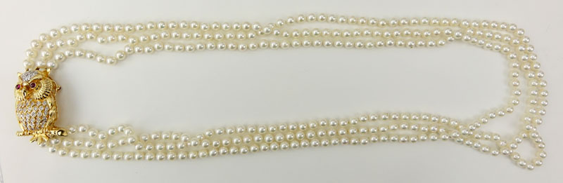 Triple Strand 339 6mm Akoya Pearl Necklace with Removable 18 Karat Yellow Gold, 2.0 Carat Round Brilliant Cut Diamond Owl Brooch/Clasp