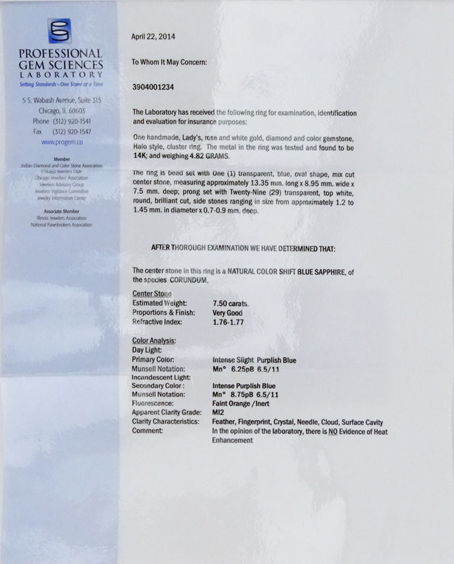 PGS Certified 7.50 Carat Oval Cut Natural Color Shift Intense Purplish Blue Sapphire and 14 Karat Rose and White Gold Ring
