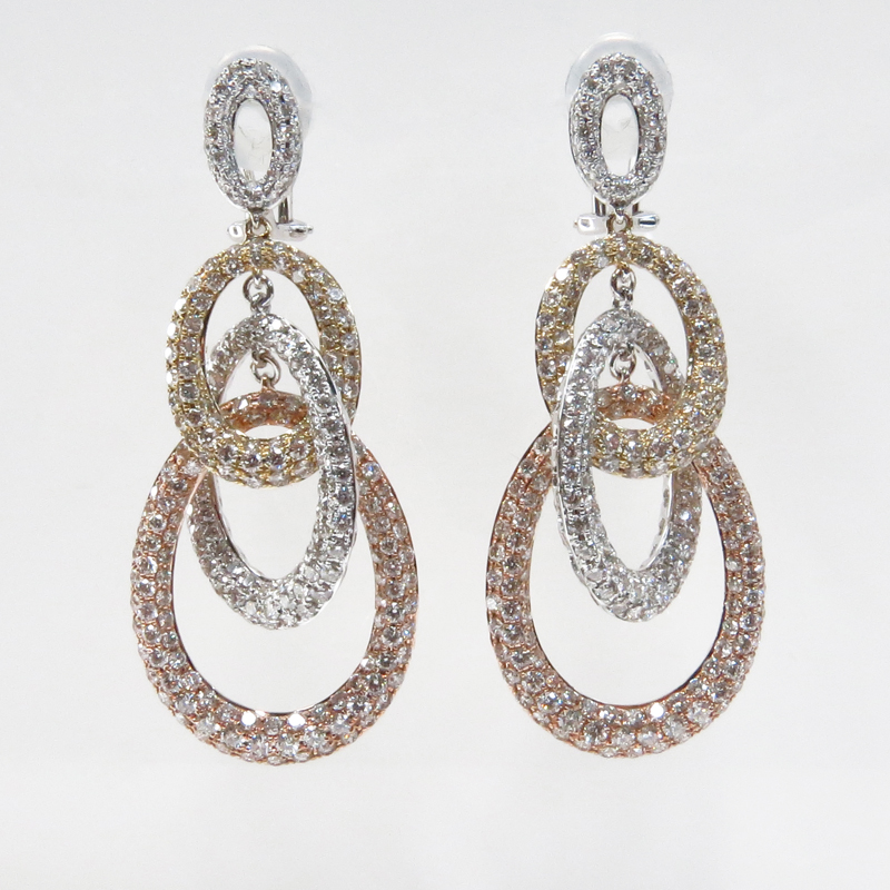 Cartier style Approx. 9.0 Carat Pave Set Round Brilliant Cut Diamond and Tricolor 18 Karat Gold Chandelier Earrings