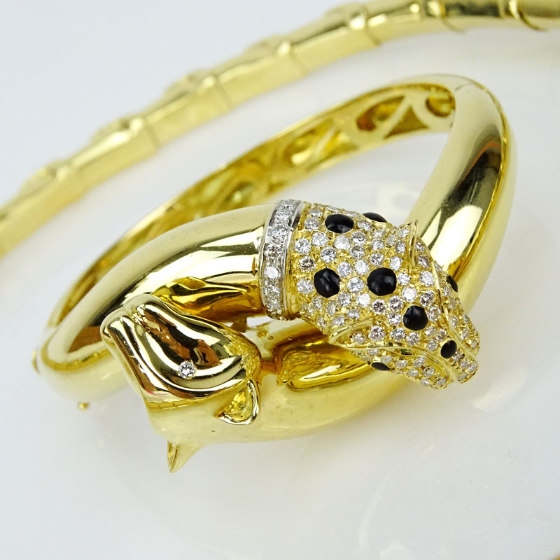 Cartier style Heavy 18 Karat Yellow Gold Panther Necklace and Hinged Bangle Bracelet Suite accented throughout with Approx