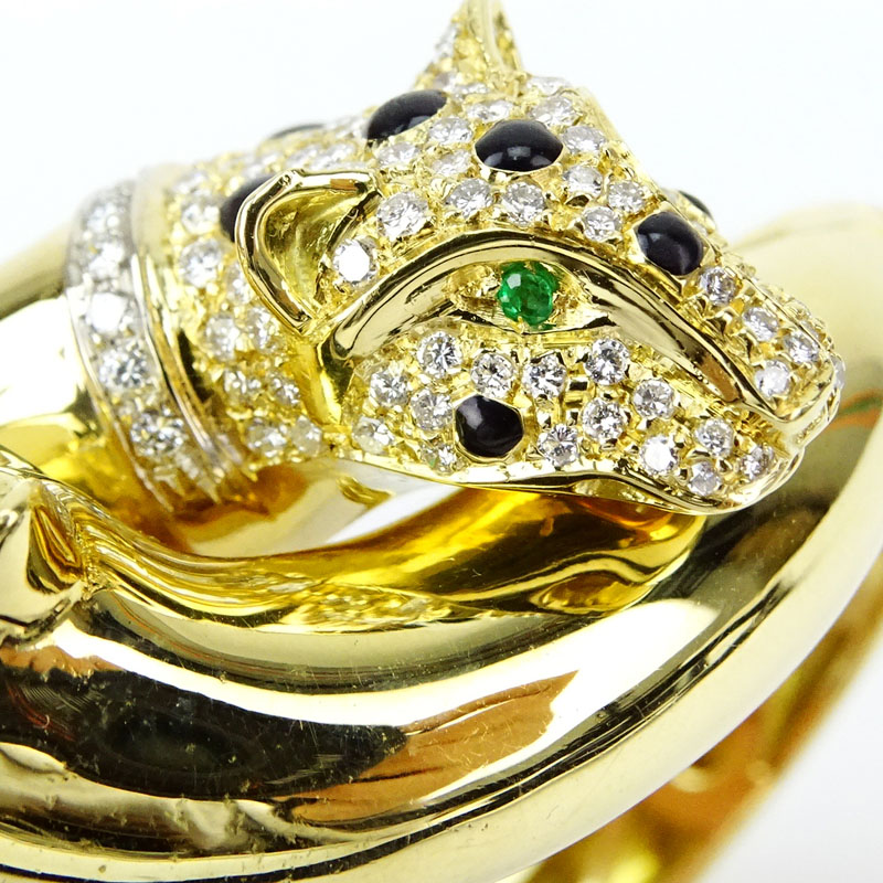 Cartier style Heavy 18 Karat Yellow Gold Panther Necklace and Hinged Bangle Bracelet Suite accented throughout with Approx
