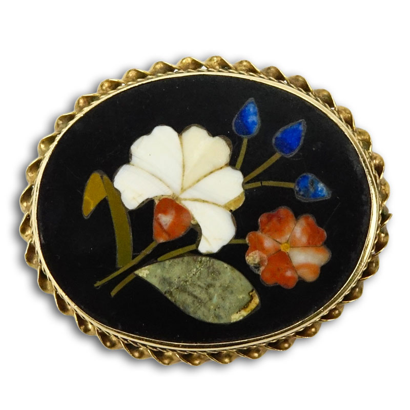 Antique Pietra Dura and 14 Karat Yellow Gold Brooch