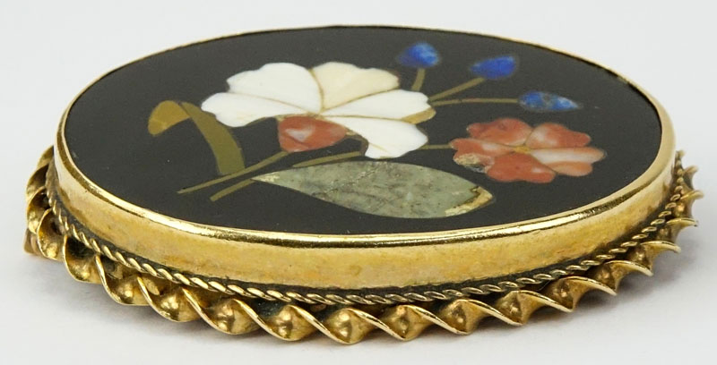 Antique Pietra Dura and 14 Karat Yellow Gold Brooch