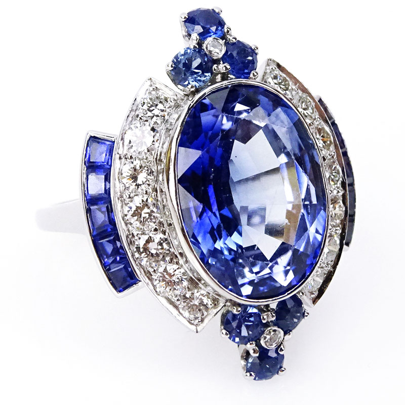 Art Deco style Approx. 1.0 Carat Round Brilliant Cut Diamond, 2.0 Carat Round and Baguette Cut Sapphire and Platinum Ring