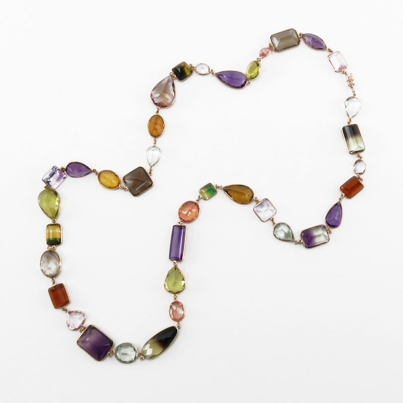 Vintage Approx. 600.0 Carat Multi Cut Multi Semi Precious Stone and 18 Karat Yellow Gold 36" Long Necklace