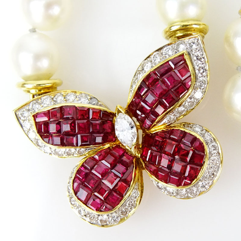 Vintage White Pearl, Approx. 5.75 Carat Round Cut Diamond, 4.25 Carat Invisible Set Square Cut Ruby and 18 Karat Yellow Gold Necklace