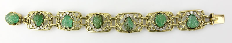 Circa 1900 Art Nouveau Approx. 17.0 Carat Carved Emerald, 1.0 Carat Diamond and 18 Karat Yellow Gold Bracelet