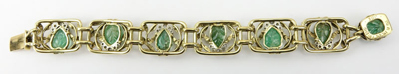 Circa 1900 Art Nouveau Approx. 17.0 Carat Carved Emerald, 1.0 Carat Diamond and 18 Karat Yellow Gold Bracelet