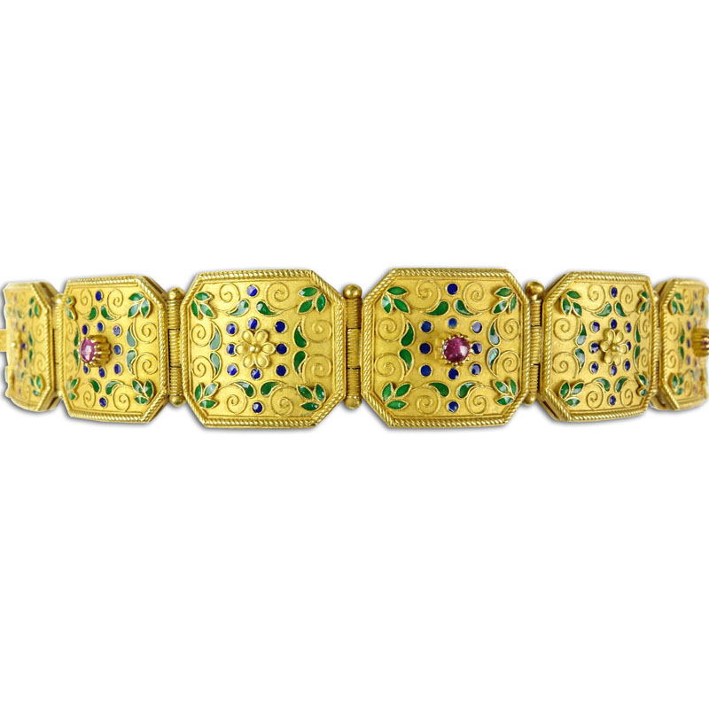 Rare Antique Byzantine style 18 Karat Yellow Gold Hinged Link Bracelet accented with Four Cabochon Rubies and Enamel