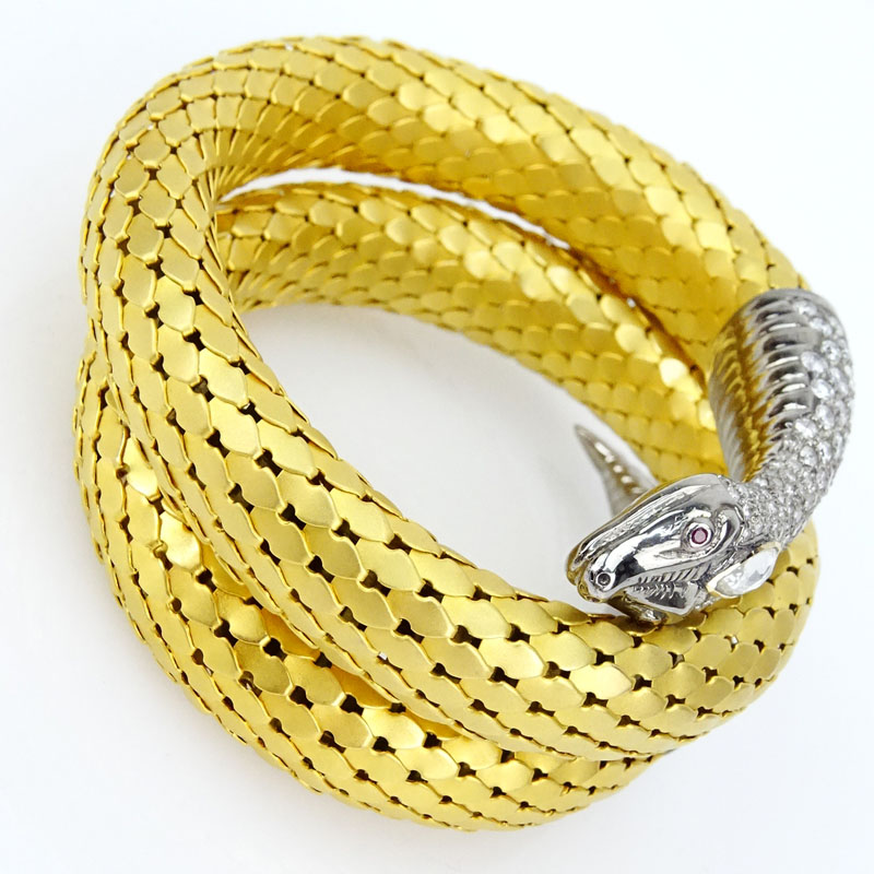 Very Fine and Rare Antique 18 Karat Yellow and White Gold Flexible Snake Bracelet