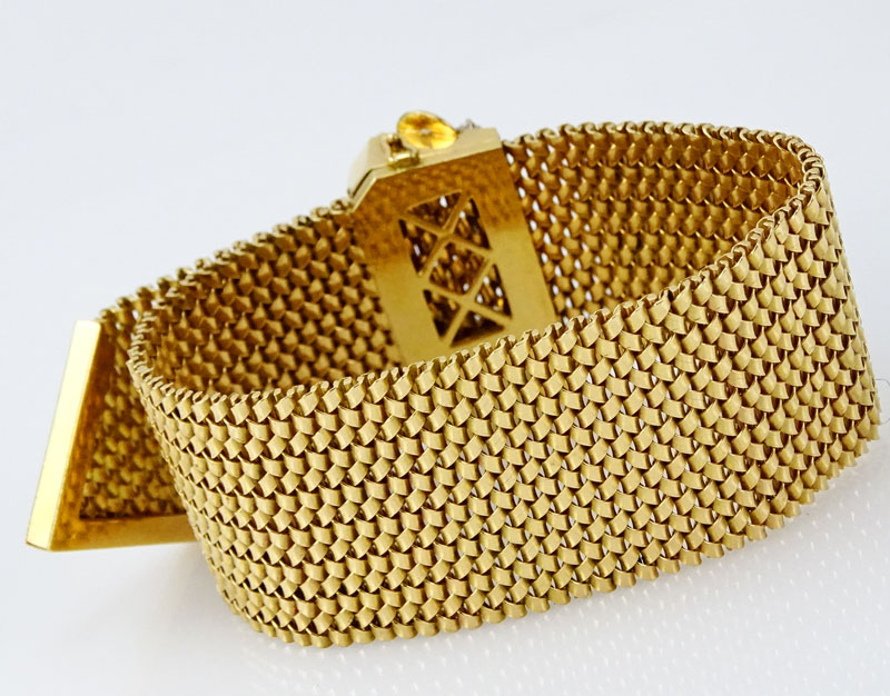 Lady's Retro Heavy 18 Karat Yellow Gold Woven Mesh Strap Bracelet with Diamond Accented Clasp