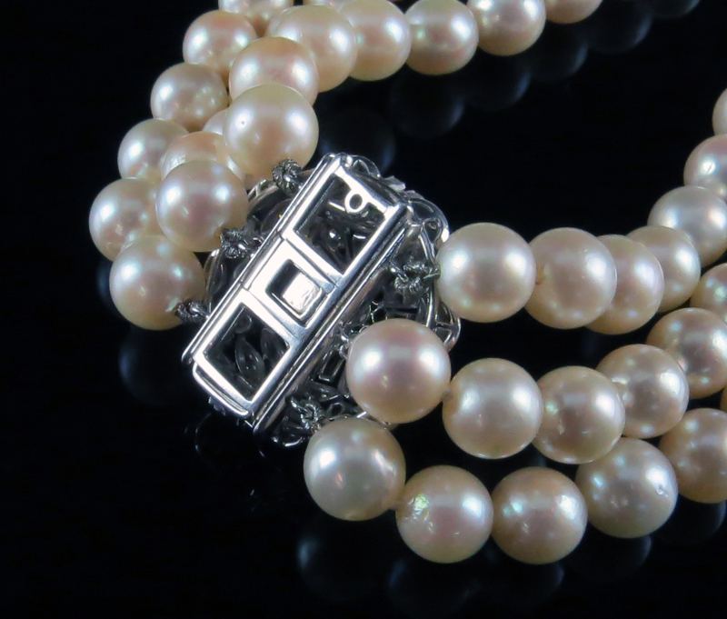 Lady's Vintage Three Strand Pearl Necklace with Diamond and   Karat 18 Karat White Gold Clasp