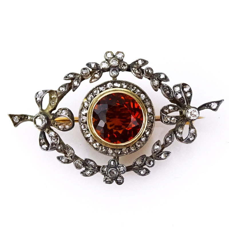 Lady's Victorian Citrine, Rose Cut Diamond, 14 Karat Yellow Gold and Low Grade Silver Brooch