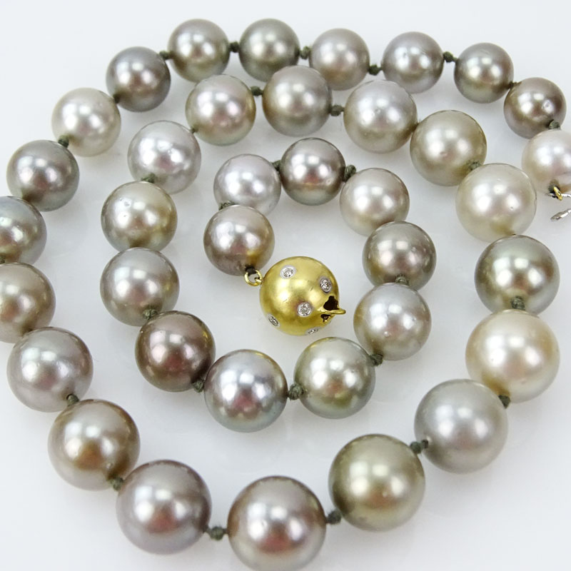 Single Strand Graduated Tahitian Grey Pearl Necklace with 18 Karat Yellow Gold and Diamond Ball Clasp