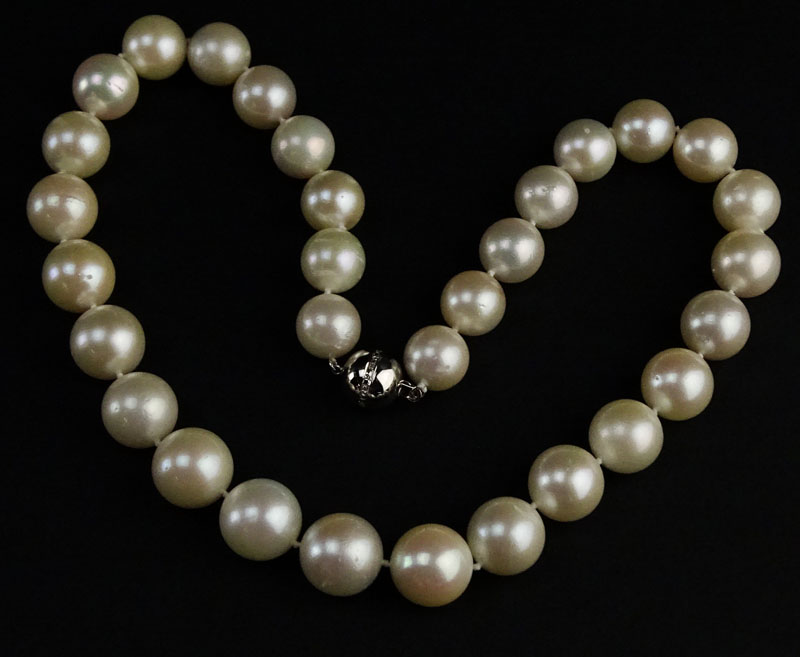 Single Strand Graduated South Sea White Pearl Necklace with 14 Karat Gold  Ball Clasp