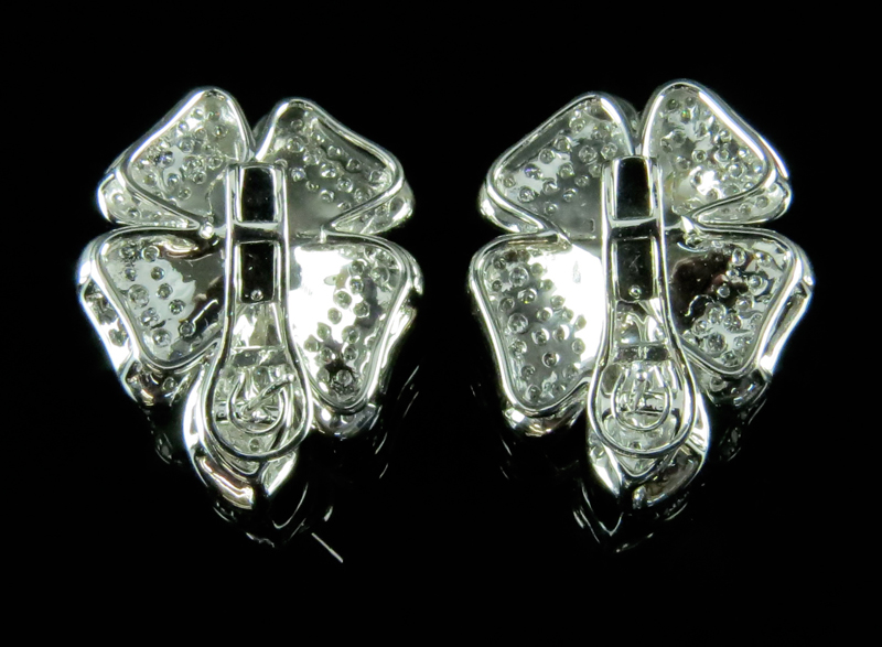 Carat Pave Set Round Brilliant Cut Diamond and 18 Karat White Gold Flower Earrings.