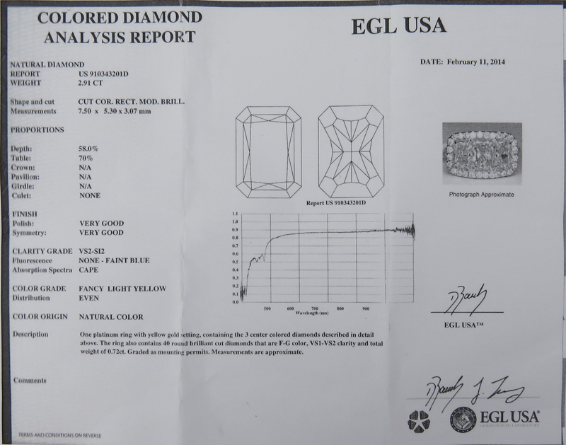 EGL Certified 2.91 Carat Radiant Cut Fancy Light Yellow Diamond and Platinum Three Stone Ring accented throughout with .72 Carat Round Brilliant Cut Diamonds.