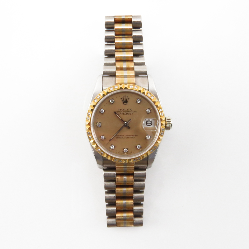 Man's Rolex 18K Tridor DateJust Automatic Movement Bracelet Watch with Diamond Hour Markers and Diamond Bezel