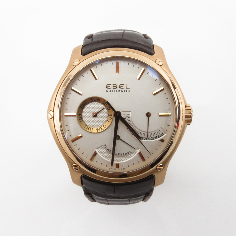 Man's Ebel 18 Karat Yellow Gold "Classic Hexagon" Automatic Movement Watch with Power Reserve Indicator and Crocodile Strap