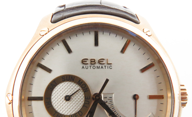 Man's Ebel 18 Karat Yellow Gold "Classic Hexagon" Automatic Movement Watch with Power Reserve Indicator and Crocodile Strap