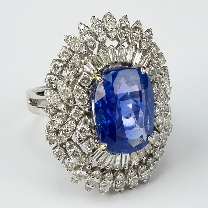 GIA Certified 11.25 Carat Oval Cushion Cut Unheated Ceylon/Sri Lanka Sapphire, 4.50 Carat Diamond and Platinum Ring