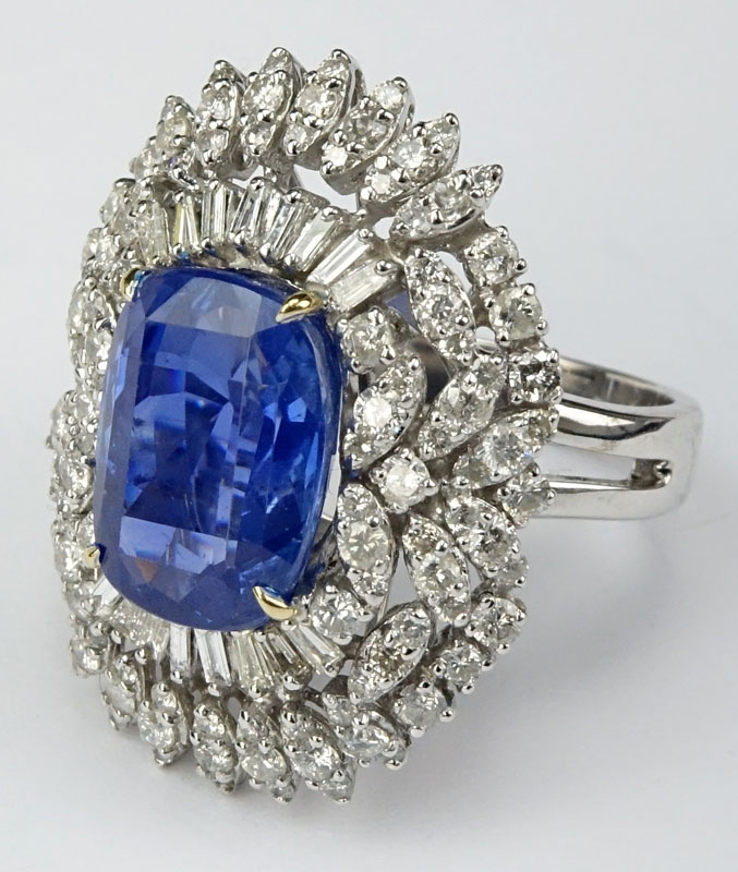 GIA Certified 11.25 Carat Oval Cushion Cut Unheated Ceylon/Sri Lanka Sapphire, 4.50 Carat Diamond and Platinum Ring