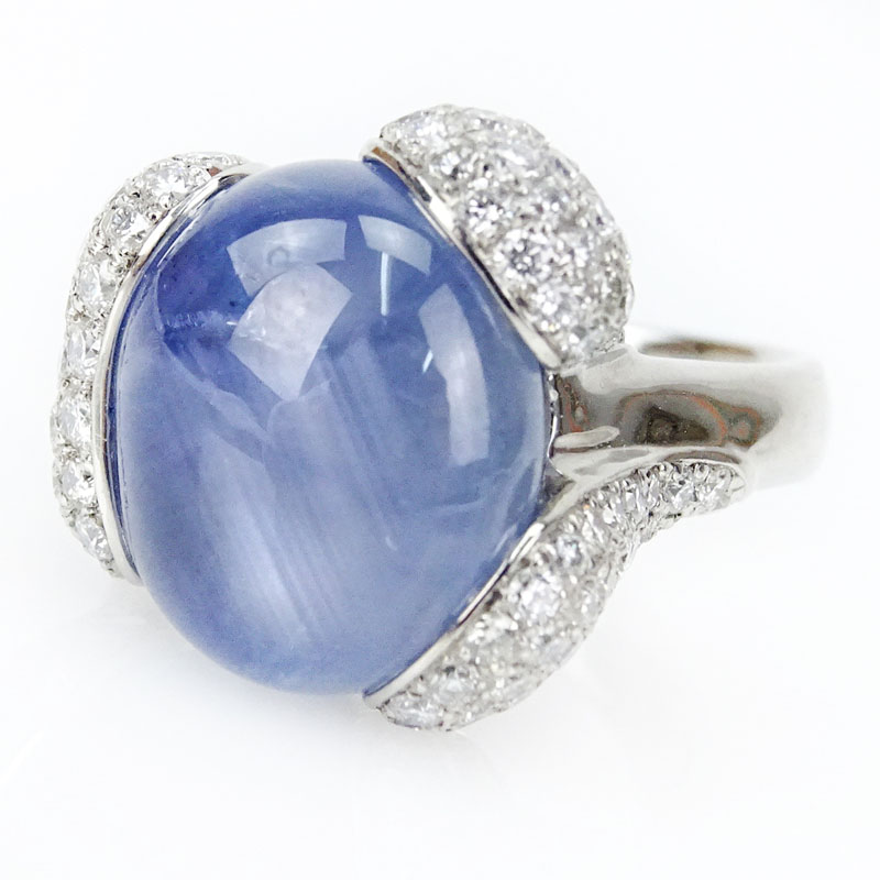 Approx. 20.36 Carat Cabochon Star Sapphire, 2.14 Carat Pave Set Round Brilliant Cut Diamond and Platinum Ring